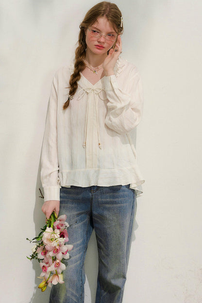 ストライプドレーススリーブブラウス