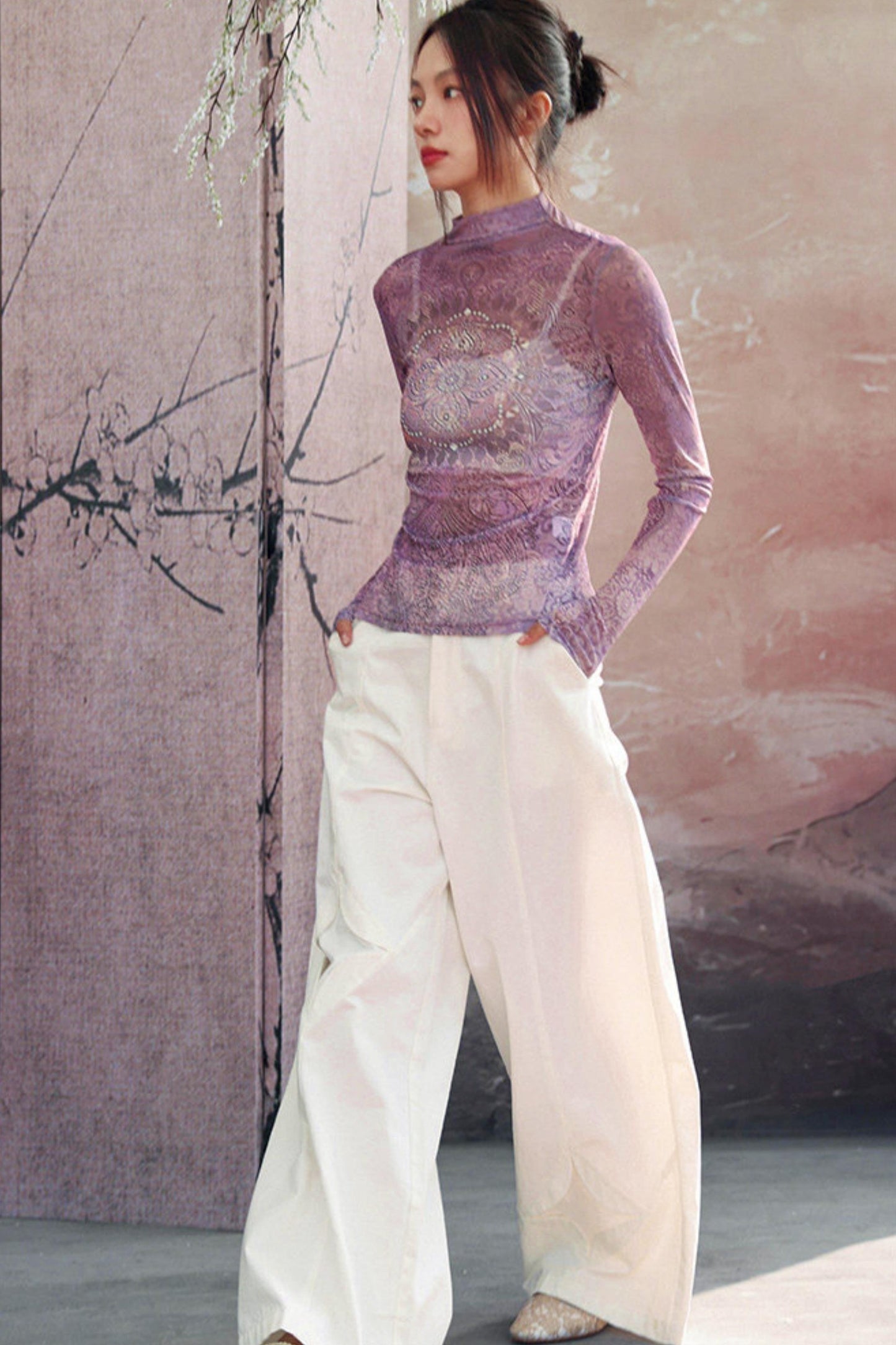 Elegant Purple Paisley Sheer Top