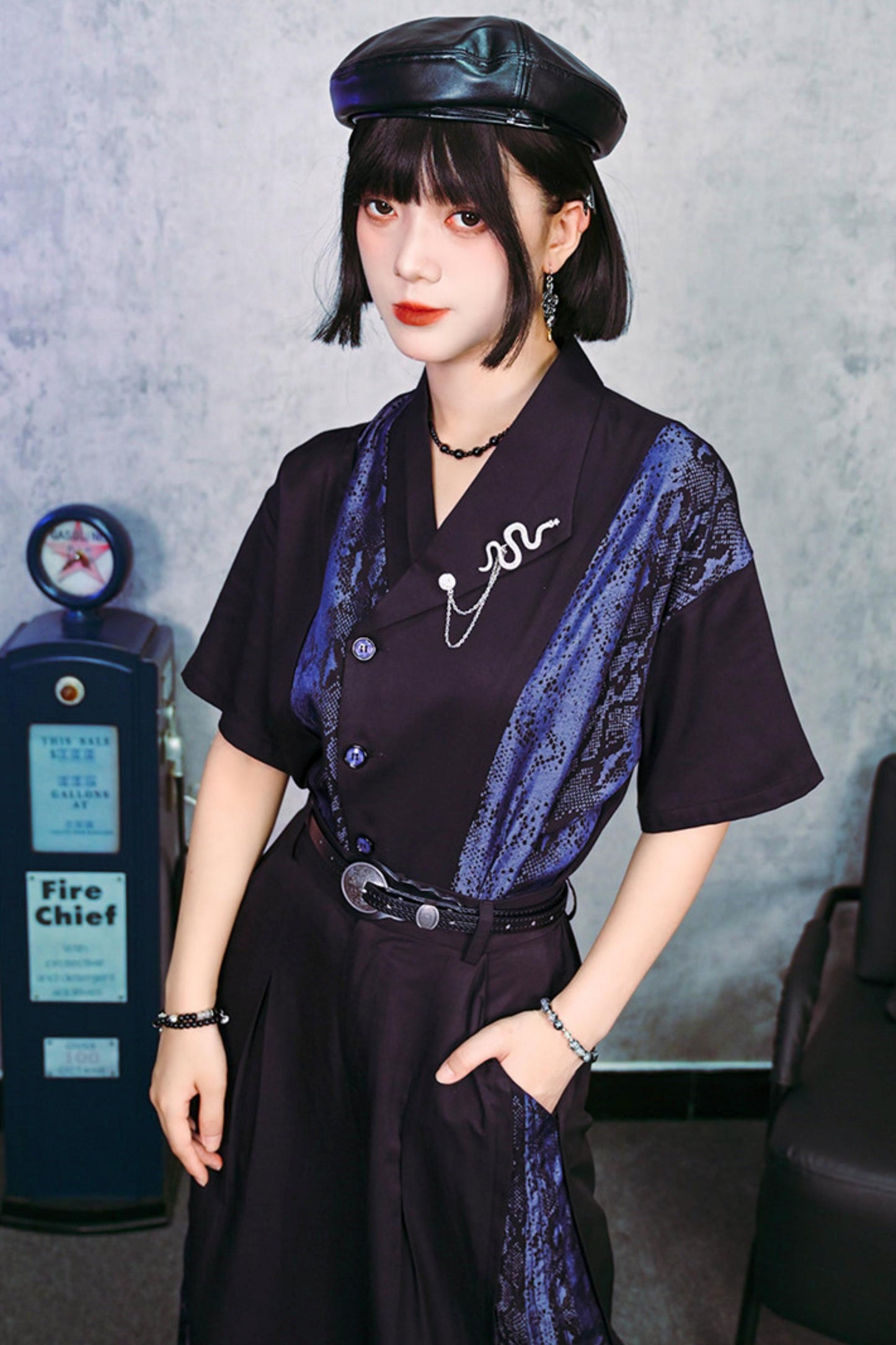 Asymmetrical Collar Snake Print Shirt (with Snake Motif Brooch)