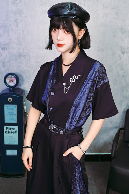 Asymmetrical Collar Snake Print Shirt (with Snake Motif Brooch)