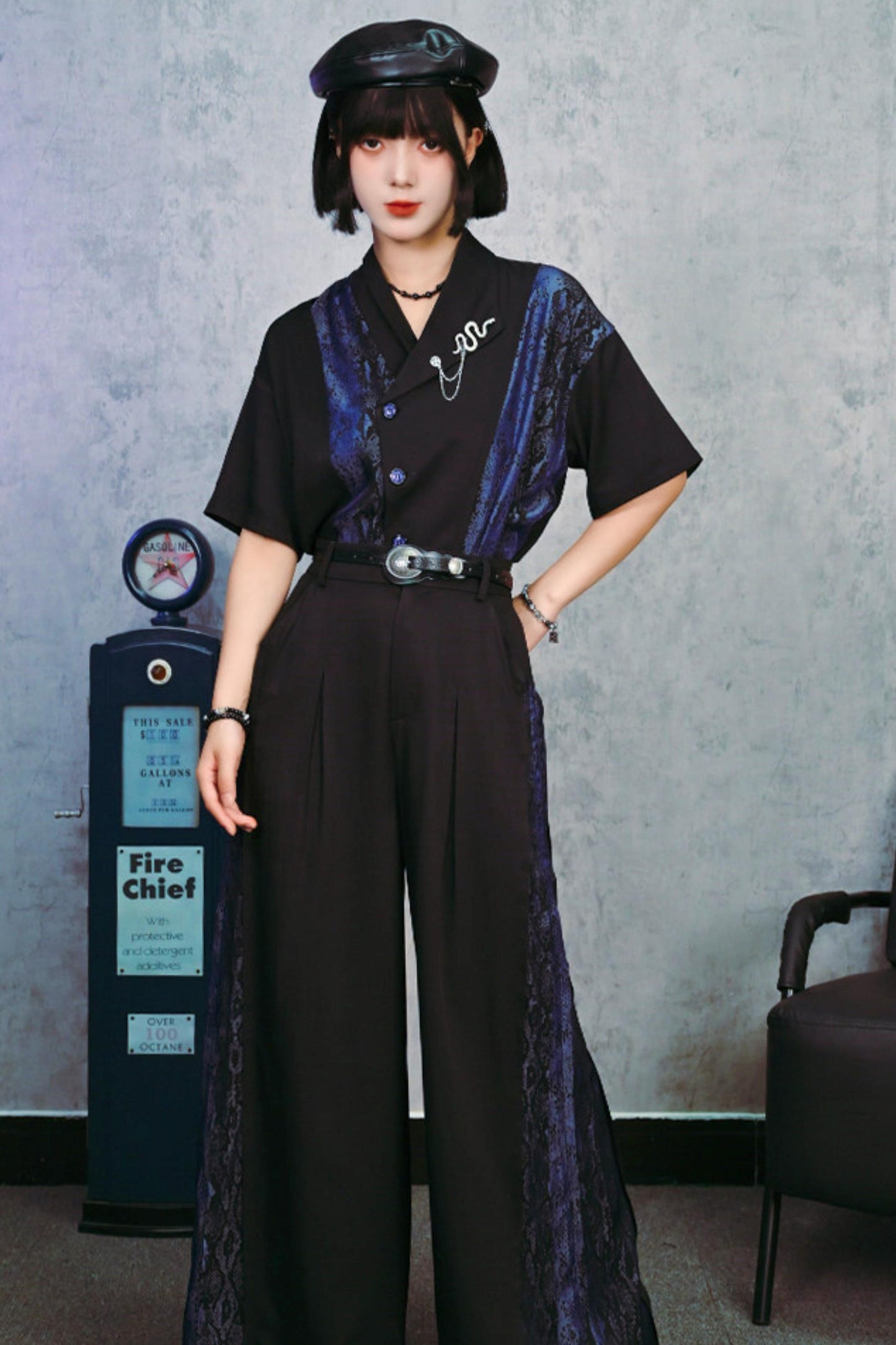 Asymmetrical Collar Snake Print Shirt (with Snake Motif Brooch)