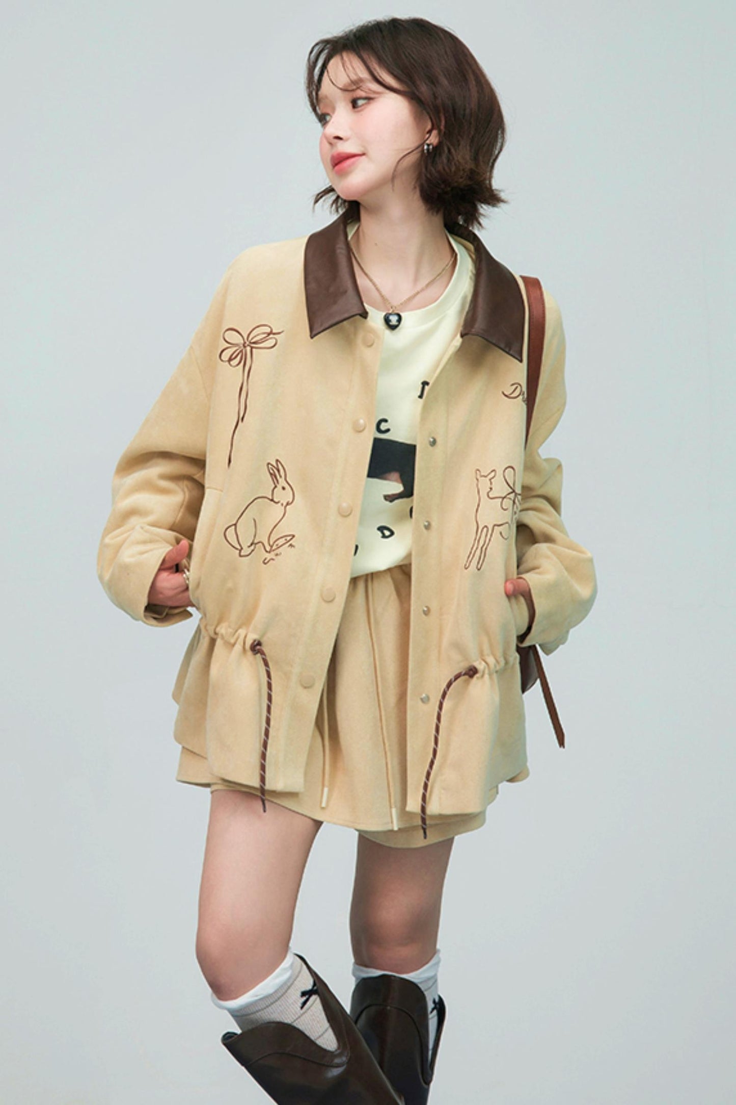ウィートベージュエンブロイダージャケットセットアップ