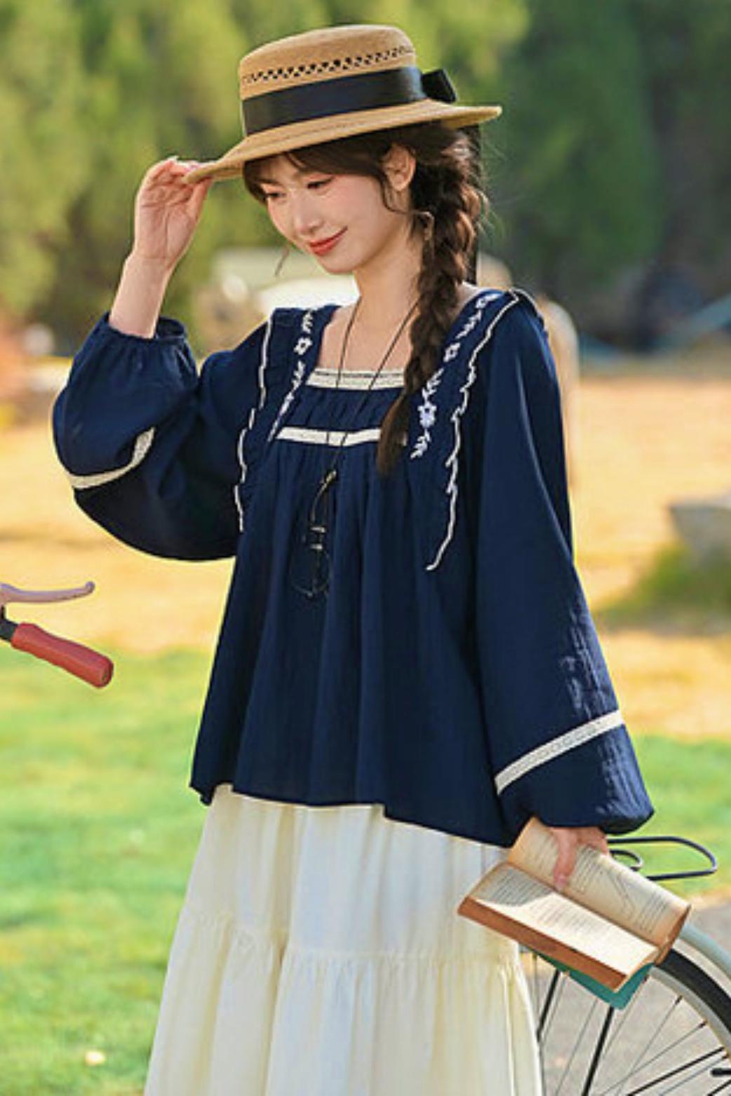 Lace Embroidered Square Collar Blouse
