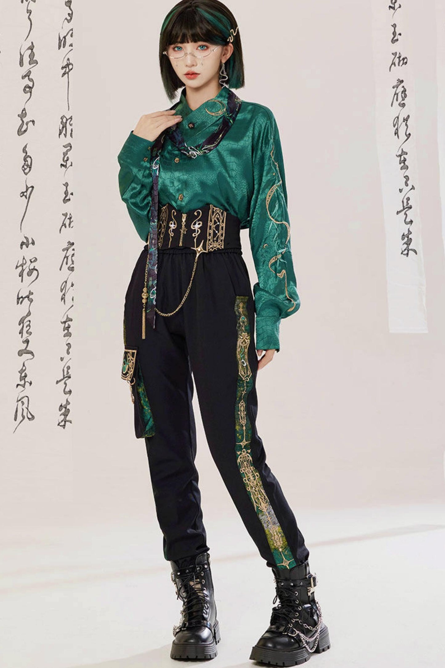 Jade Moon Dragon Embroidered Chinese Shirt + Moon Pocket Pants
