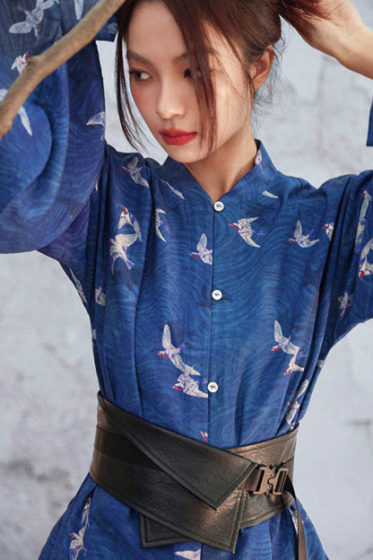 Dark Blue Retro Bird Pattern Stand Collar Shirt