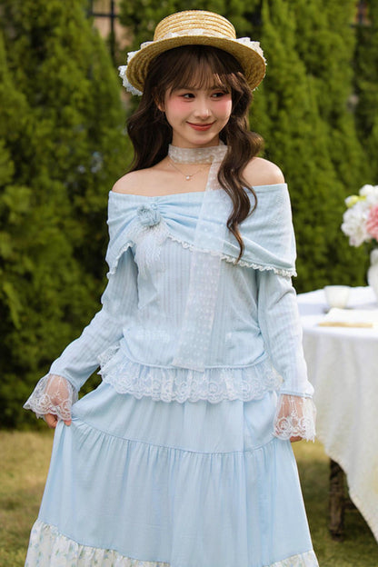 レースパッチワークオフショルダートップス+ロングスカート