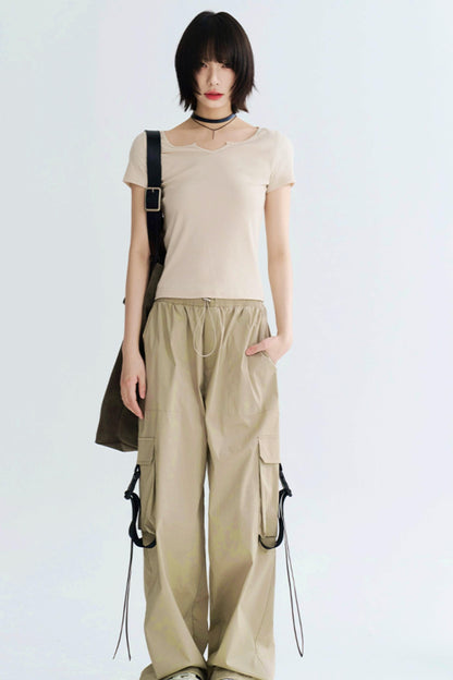 Ribbed Large Neckline Cropped Tee Shirt