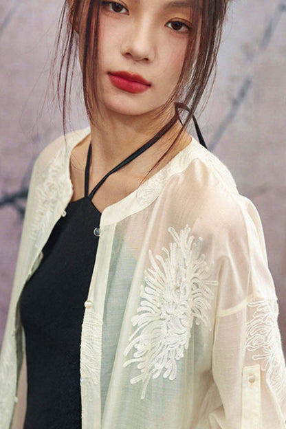 White Sheer Floral Embroidered Band-Collar Shirt Dress