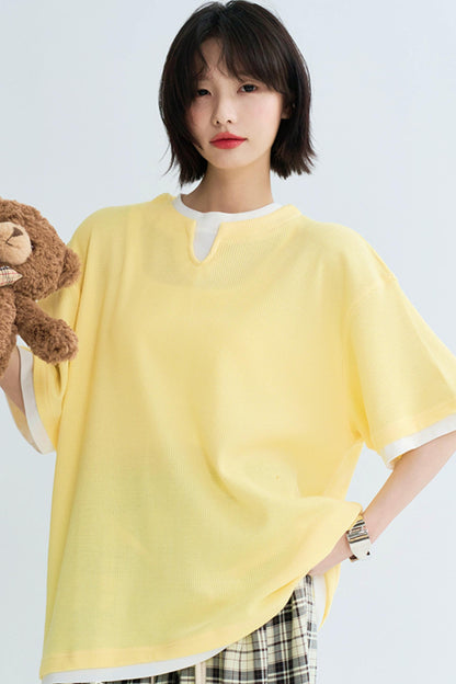 Loose contrast crew neck layered top