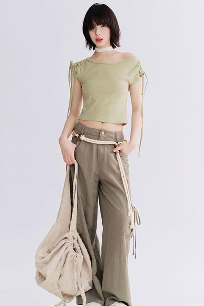 Shoulder Drawstring Cutout Tops