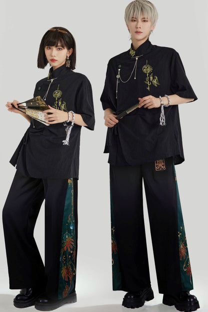 Black and Gold Oriental Ribbon Shirt + Chinese Wide-Leg Pants