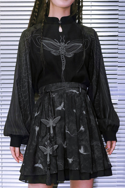 Embroidered Lantern Sleeve Top and Skirt + Top