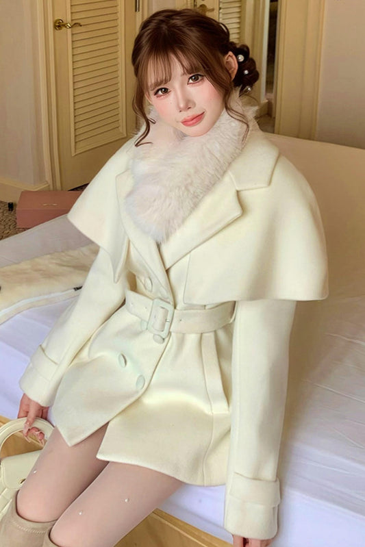 Celebrity Fur Collar Cape Coat