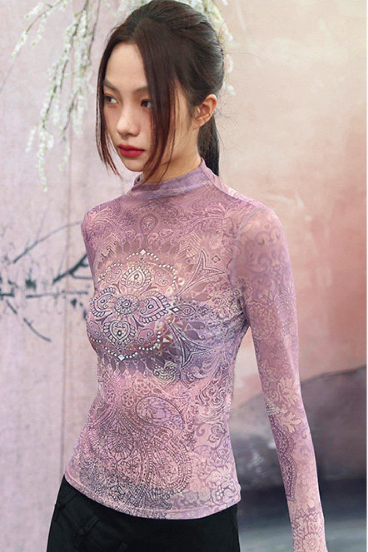 Elegant Purple Paisley Sheer Top