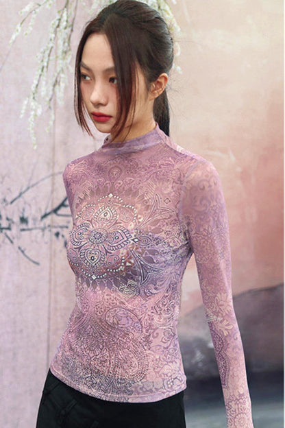 Elegant Purple Paisley Sheer Top