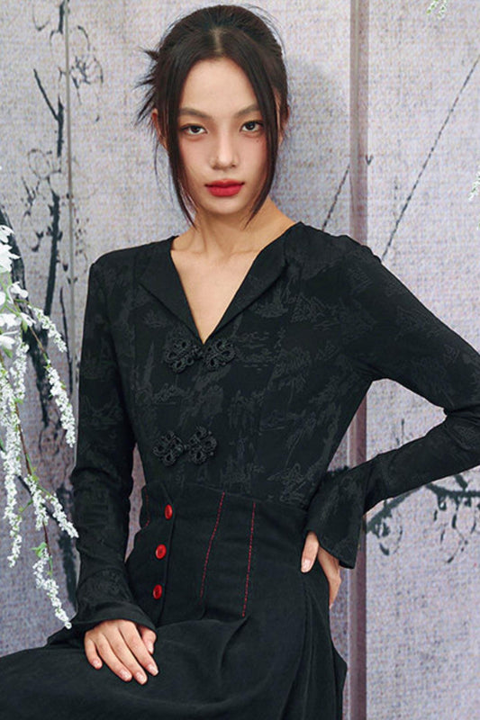 Vintage Dark Jacquard Chinese-Style V-Neck Knit Top