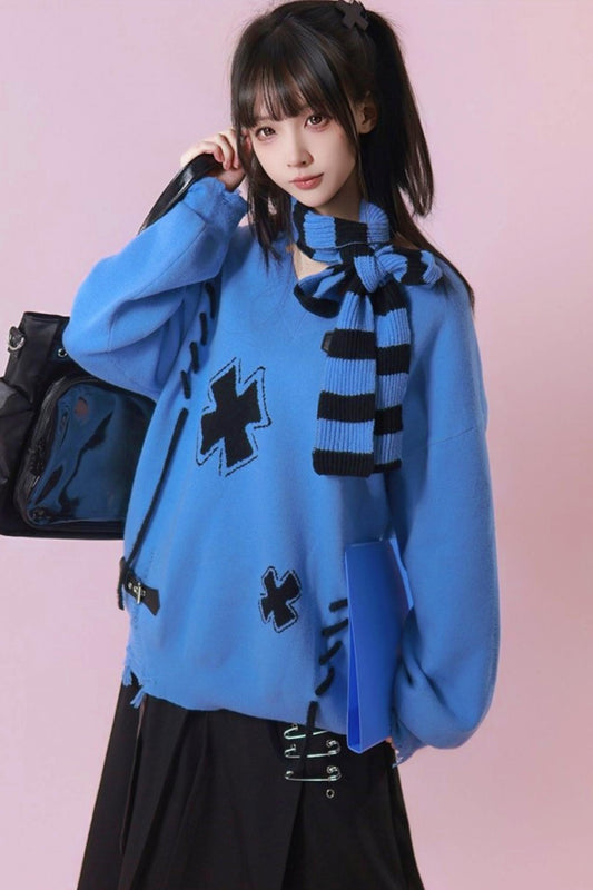 レザーバックルセーター+スカーフ