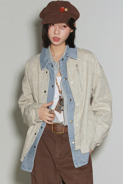 デニムパッチワークカラーブロックジャケット