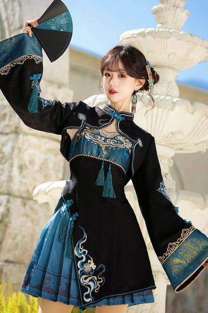 Cyberpunk Chinese-Style Lolita Top + Strapped Dress + Skirt + Leg Covers