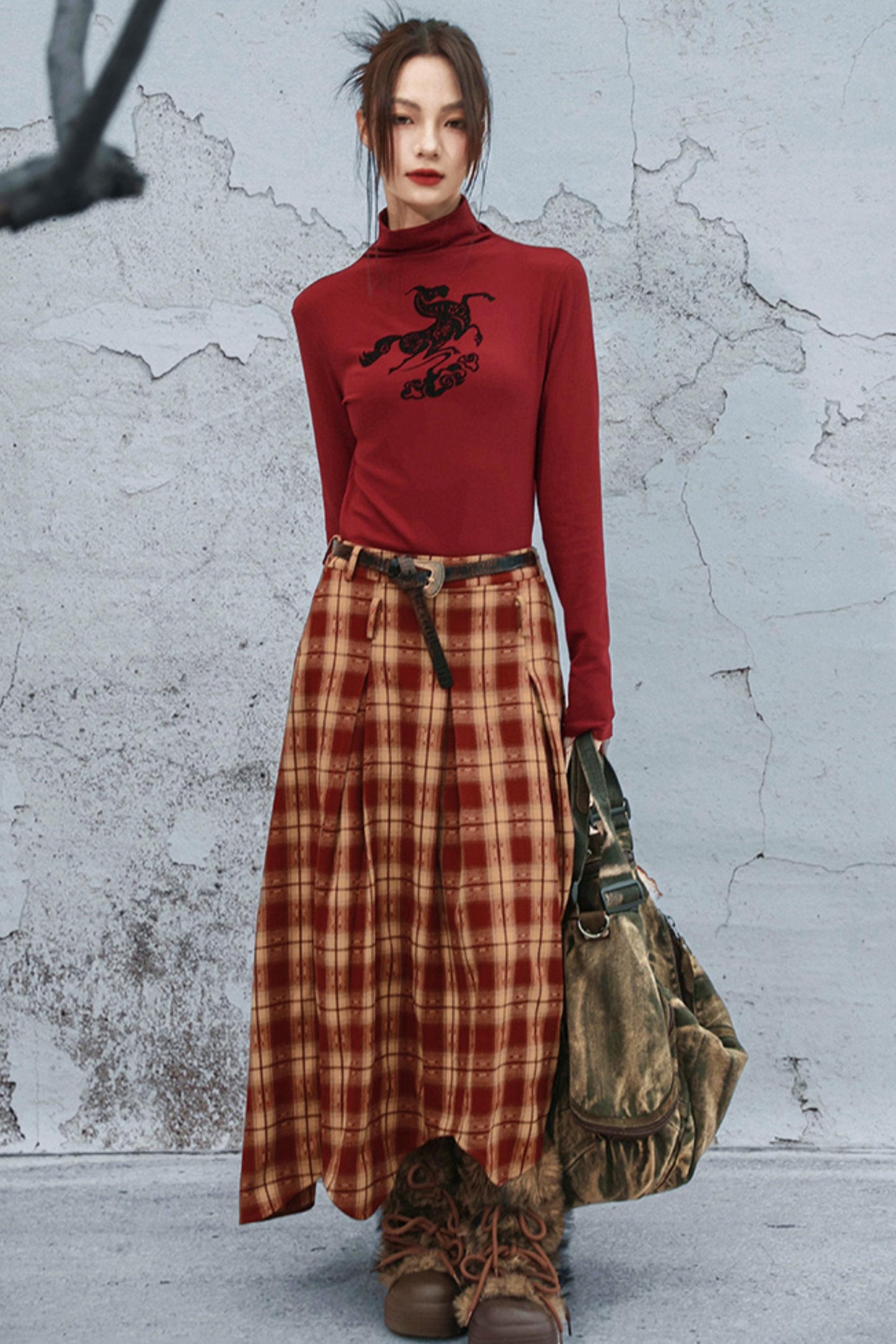 ダブルウエスティッドプラッドスカート