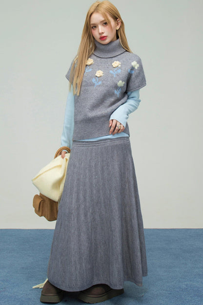 フローラルニットトップス+インナートップス+スカート