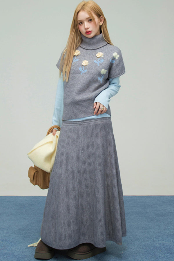 フローラルニットトップス+インナートップス+スカート