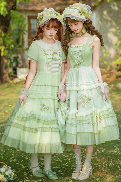 Green Embroidered Lolita One-Piece Dress + Cardigan + Hat + Belt + Accessories