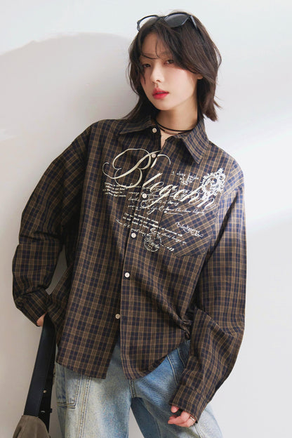 Oversized letter-print check shirt