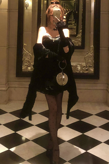 French off-the-shoulder dress + shawl + sleeves