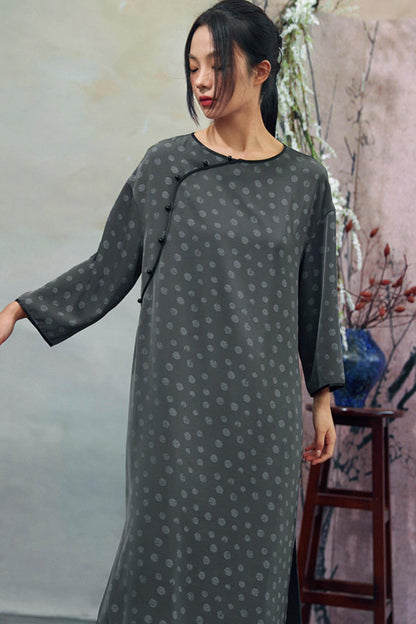 Dot Print Chinese Slit Long Dress