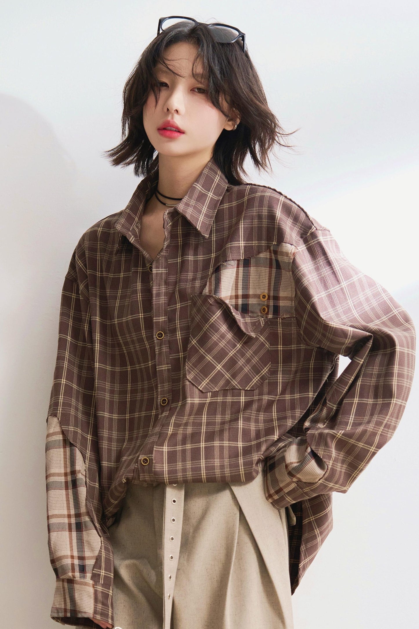 デザインチェックロングスリーブシャツ