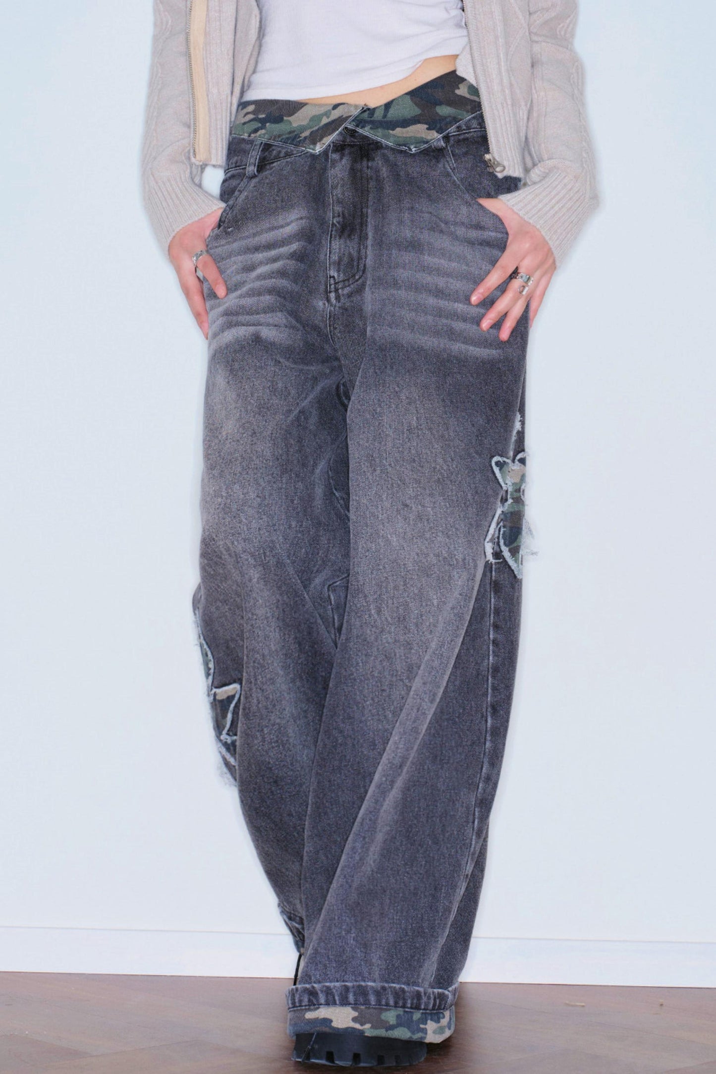 Camouflage Patchwork Embroidered Jeans