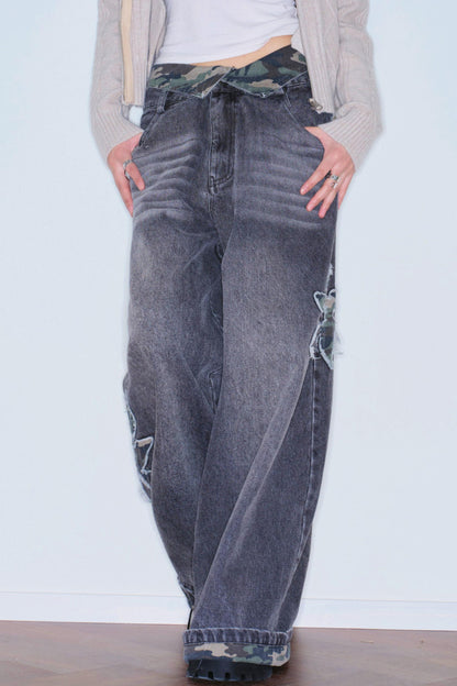 Camouflage Patchwork Embroidered Jeans