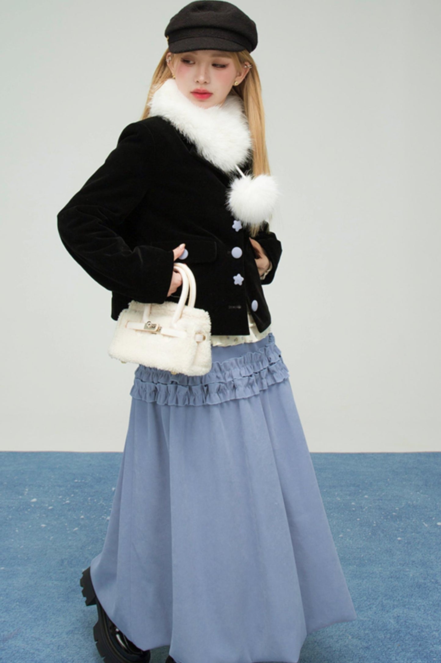 ベルベットカラーブロックドファーコラージャケット