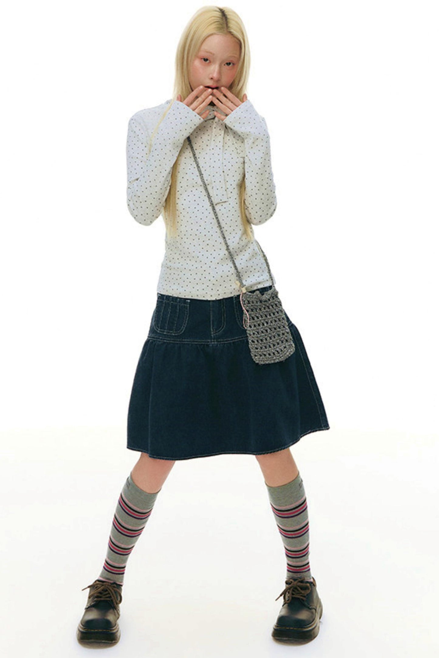 Pleated Denim A-Line Skirt