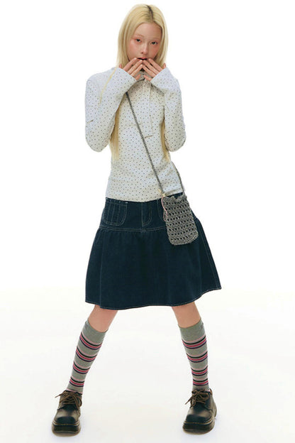 Pleated Denim A-Line Skirt