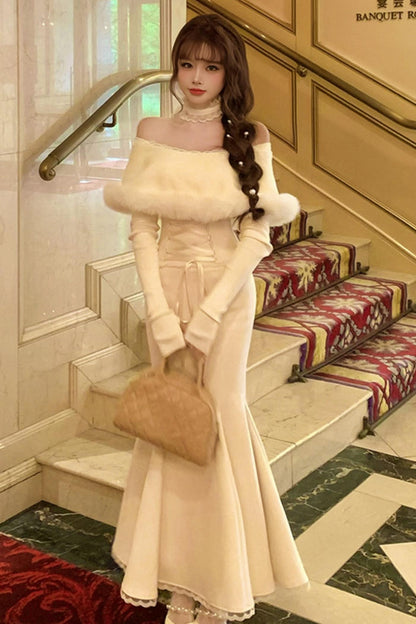 Elegant off-the-shoulder knit + mermaid skirt