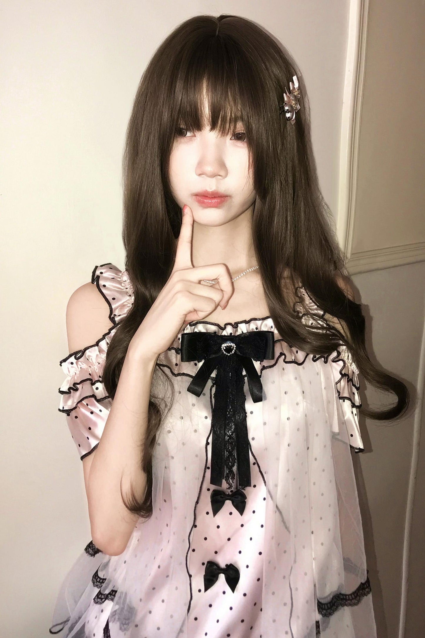 ポルカドットオフショルダートップス+スカート