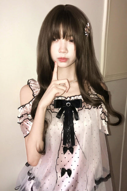 ポルカドットオフショルダートップス+スカート