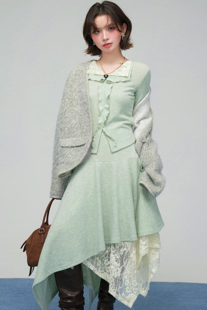 レースカラーニットトップス+アシメスカート