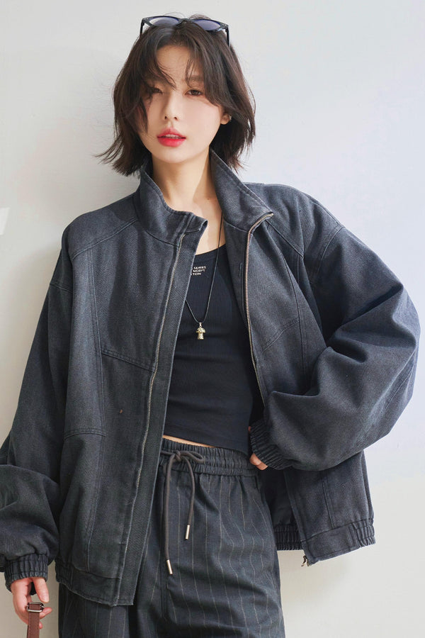 Relaxed fit denim stand up jacket