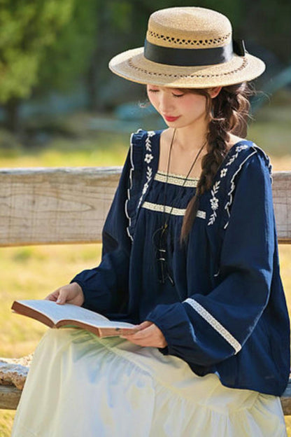 Lace Embroidered Square Collar Blouse