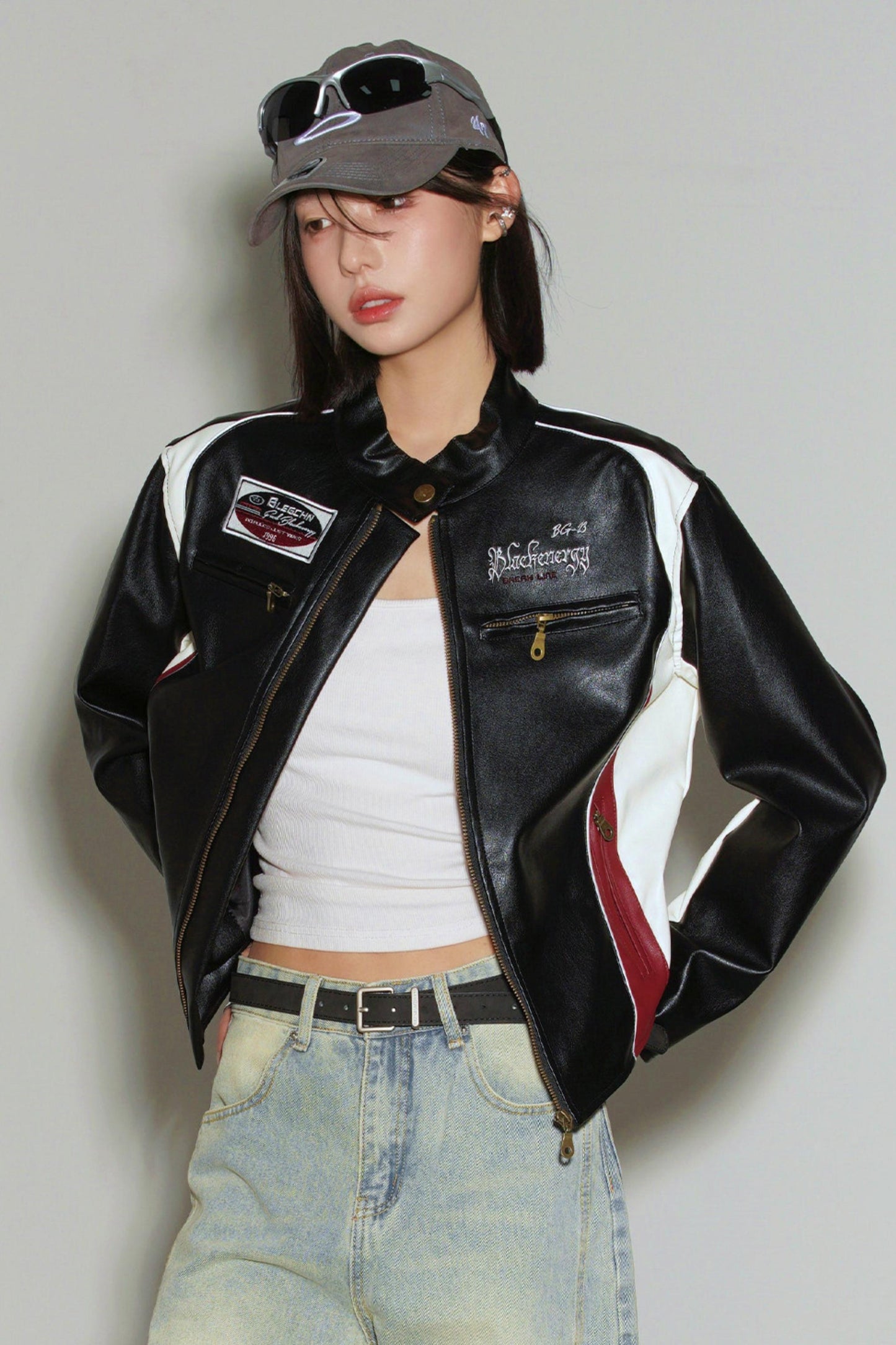 パッチワークカラーブロックレザージャケット