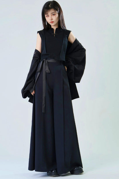 [Pre-order] Black/Beige/Gray Cyber Chinese-Style Wide-Leg Pants
