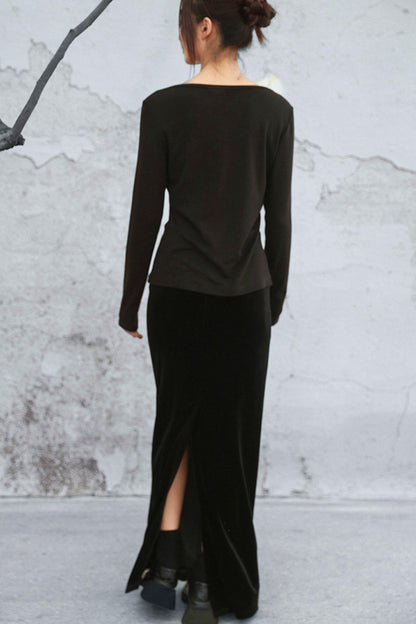 クリスタルボタンベルベットニットトップス