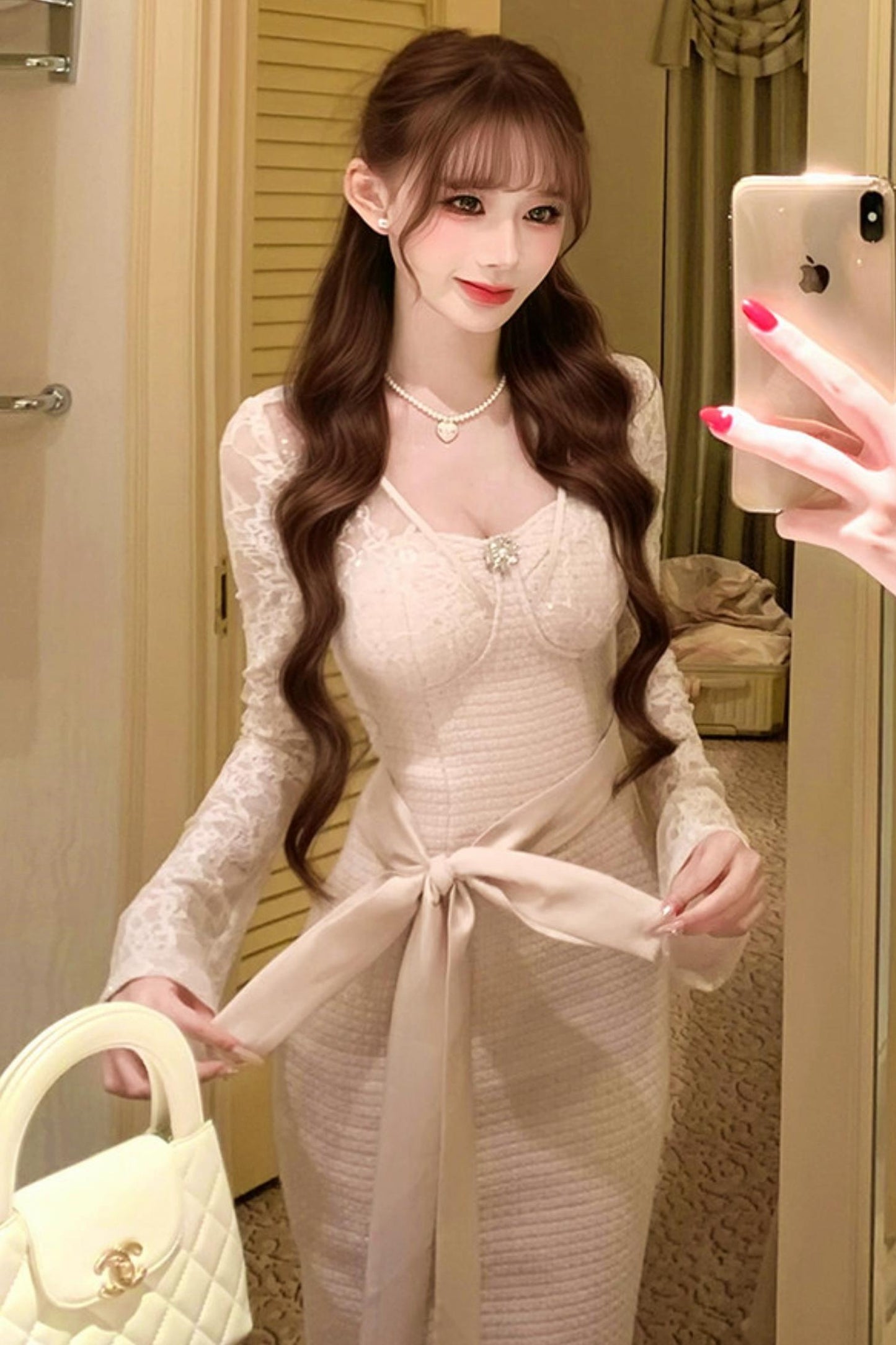 Lace Waist Slim Fit Dress + Fur Coat