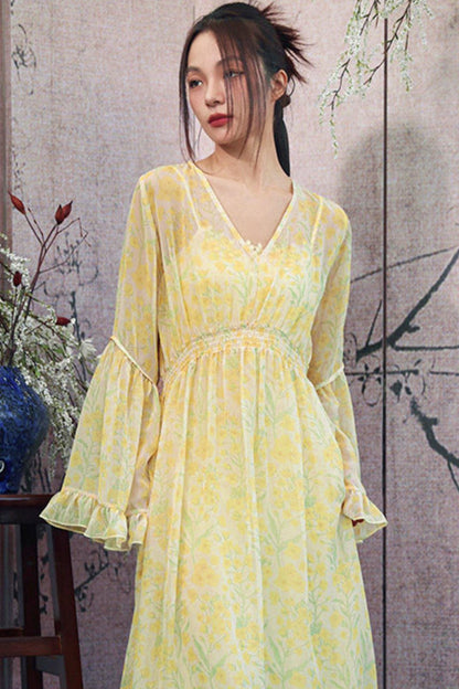 Vestido de gasa amarillo con flores