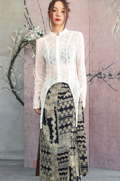 Romantisches weißes Spitzen-Hemd im transparenten Modestil