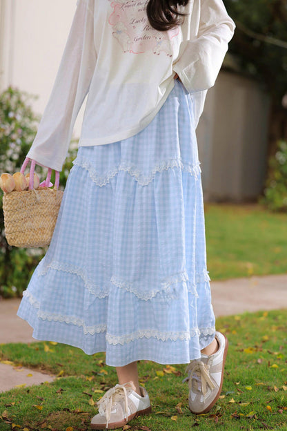 레이스 체크 롱 스커트