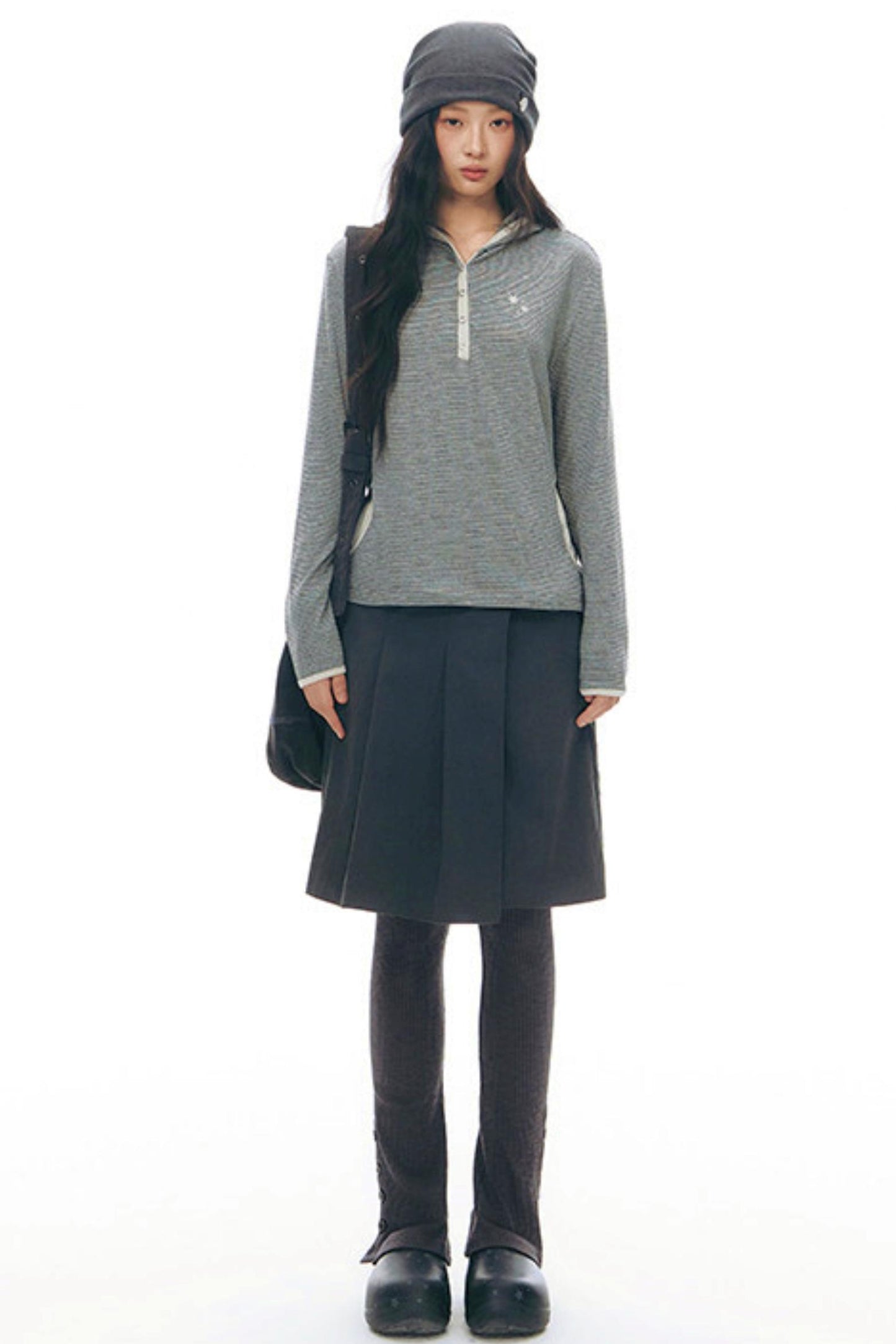 ストライプドフーデッドニットトップス